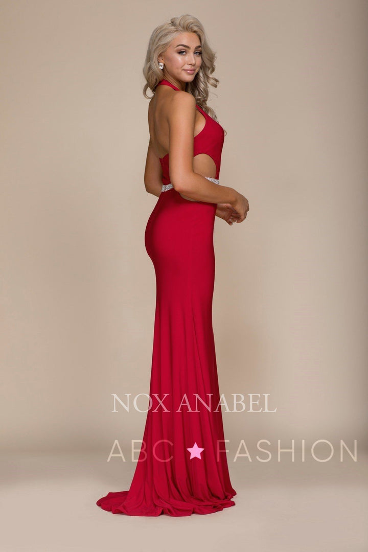 Long Open Back Halter Dress with Beaded Waistline by Nox Anabel A046-Long Formal Dresses-ABC Fashion
