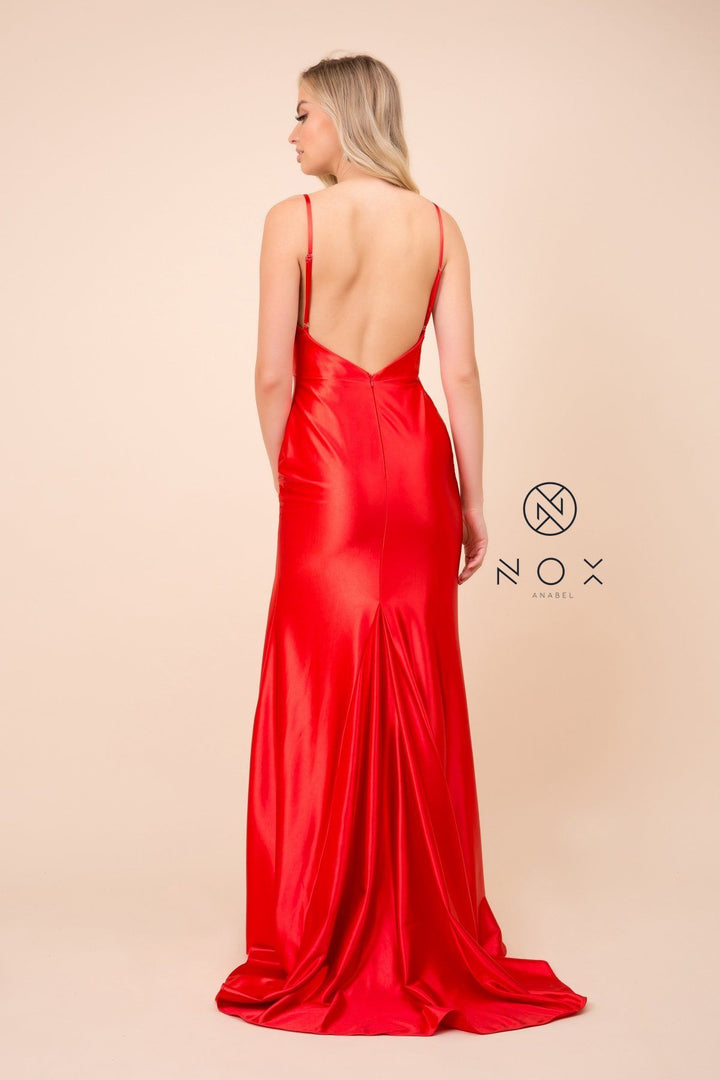 Long Open Back Satin V-Neck Dress with Side Slit by Nox Anabel C213