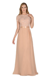 Long Orchid Dress with Short-Sleeved Lace Bodice by Poly USA-Long Formal Dresses-ABC Fashion