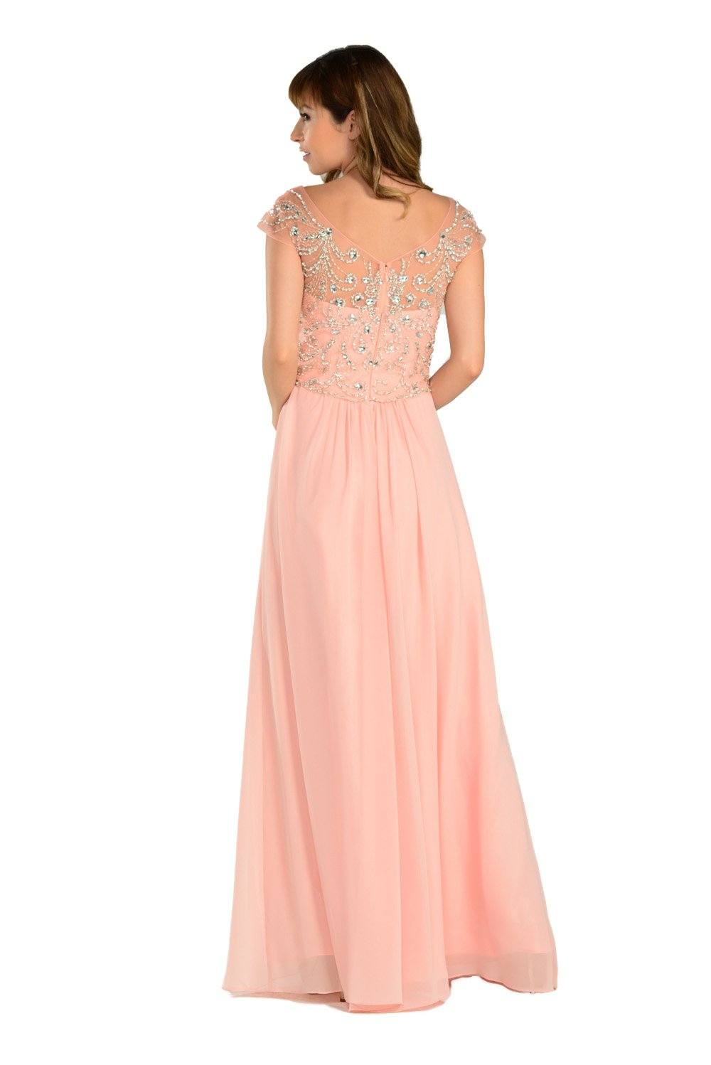 Long Peach Cap Sleeve Dress with Jeweled Bodice by Poly USA Xs / Navy Long Peach Cap Sleeve Dress with Jeweled Bodice by Poly USA Xs / Navy