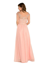 Long Peach Cap Sleeve Dress with Jeweled Bodice by Poly USA-Long Formal Dresses-ABC Fashion