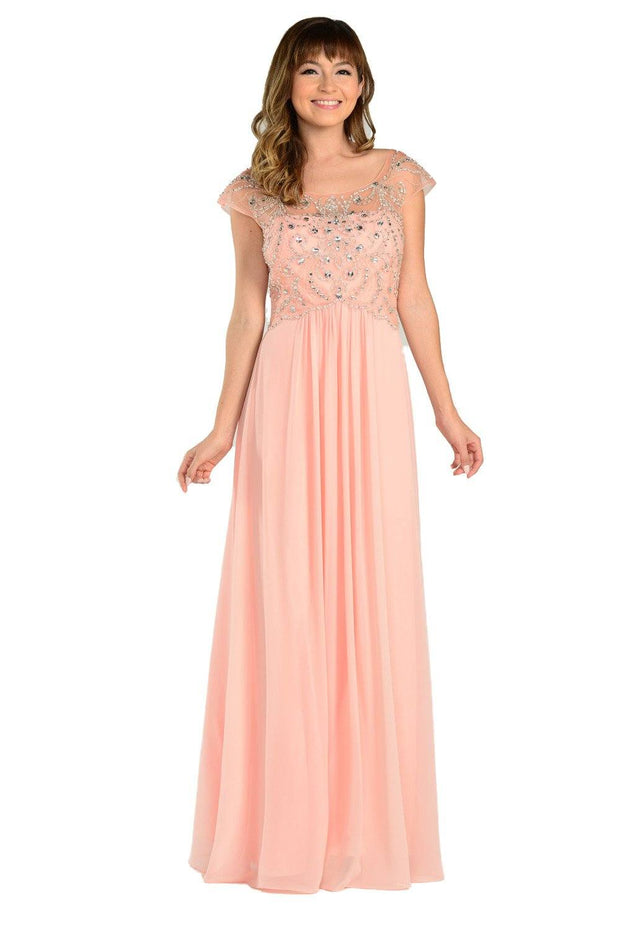 Long Peach Cap Sleeve Dress with Jeweled Bodice by Poly USA-Long Formal Dresses-ABC Fashion