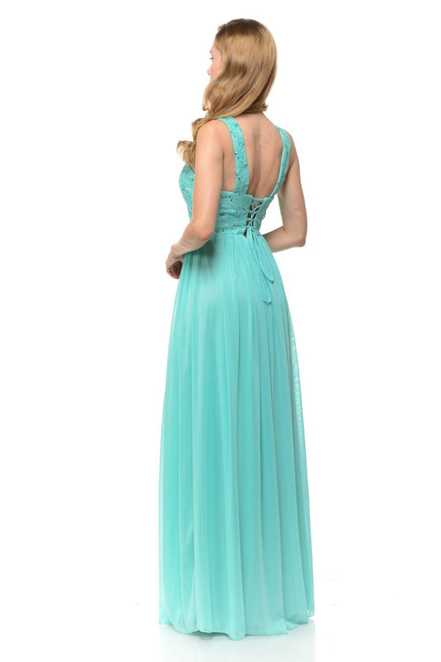 Long Pink Chiffon Dress with Lace Bodice by Lenovia-Long Formal Dresses-ABC Fashion