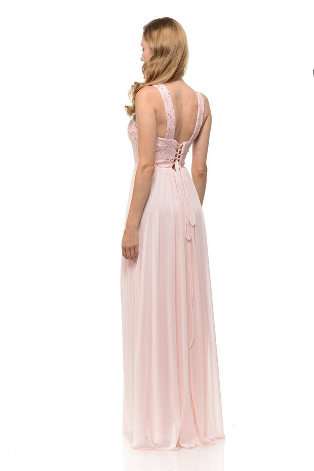 Long Pink Chiffon Dress with Lace Bodice by Lenovia-Long Formal Dresses-ABC Fashion
