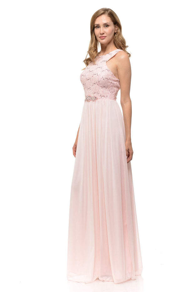 Long Pink Chiffon Dress with Lace Bodice by Lenovia-Long Formal Dresses-ABC Fashion
