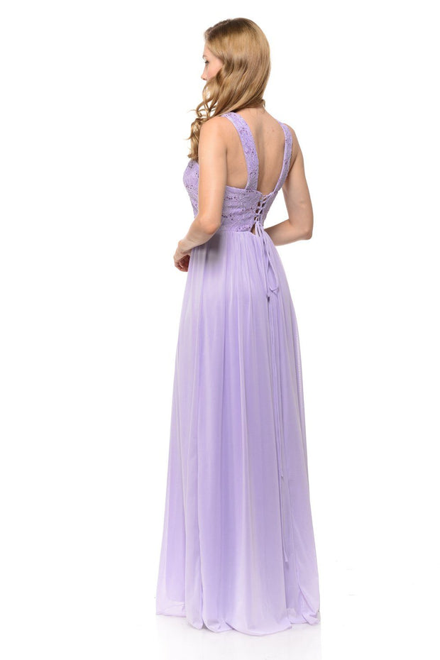 Long Pink Chiffon Dress with Lace Bodice by Lenovia-Long Formal Dresses-ABC Fashion