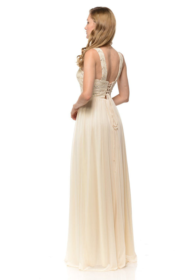 Long Pink Chiffon Dress with Lace Bodice by Lenovia-Long Formal Dresses-ABC Fashion