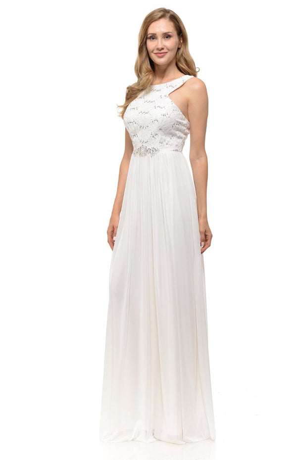 Long Pink Chiffon Dress with Lace Bodice by Lenovia-Long Formal Dresses-ABC Fashion
