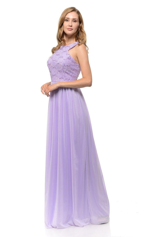 Long Pink Chiffon Dress with Lace Bodice by Lenovia-Long Formal Dresses-ABC Fashion
