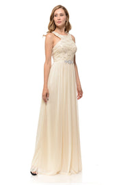 Long Pink Chiffon Dress with Lace Bodice by Lenovia-Long Formal Dresses-ABC Fashion