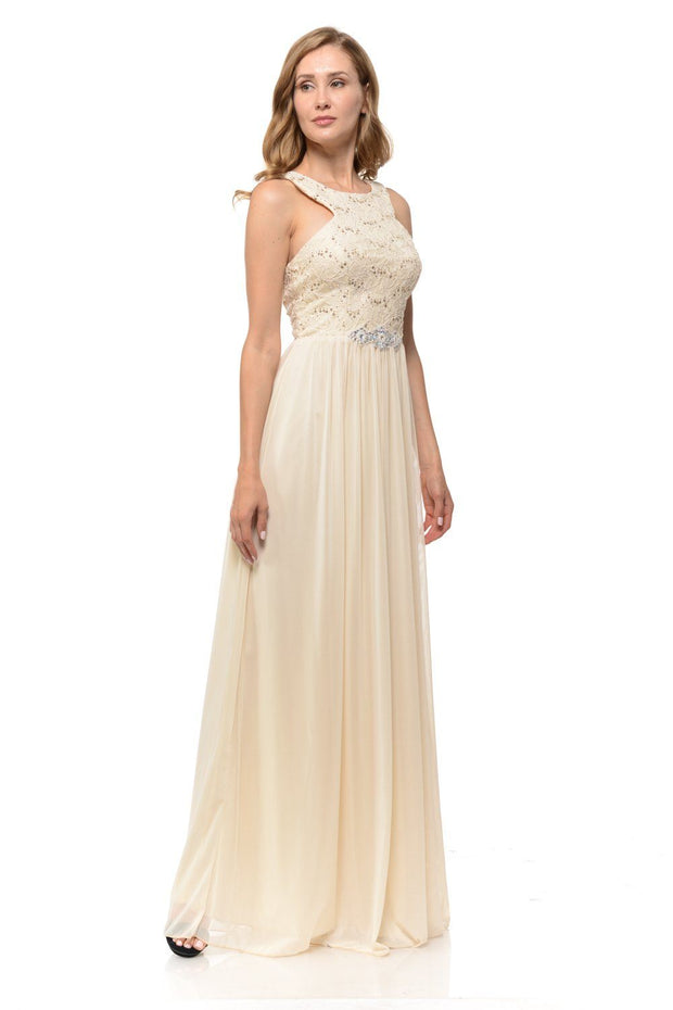 Long Pink Chiffon Dress with Lace Bodice by Lenovia-Long Formal Dresses-ABC Fashion