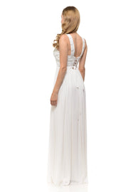 Long Pink Chiffon Dress with Lace Bodice by Lenovia-Long Formal Dresses-ABC Fashion