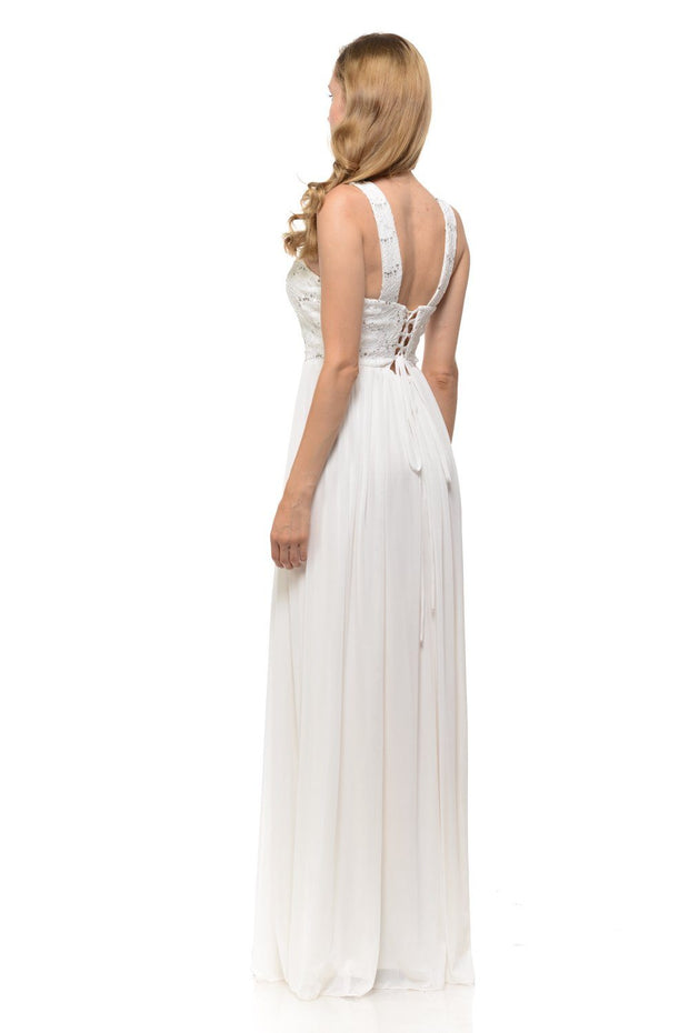 Long Pink Chiffon Dress with Lace Bodice by Lenovia-Long Formal Dresses-ABC Fashion