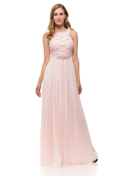 Long Pink Chiffon Dress with Lace Bodice by Lenovia-Long Formal Dresses-ABC Fashion