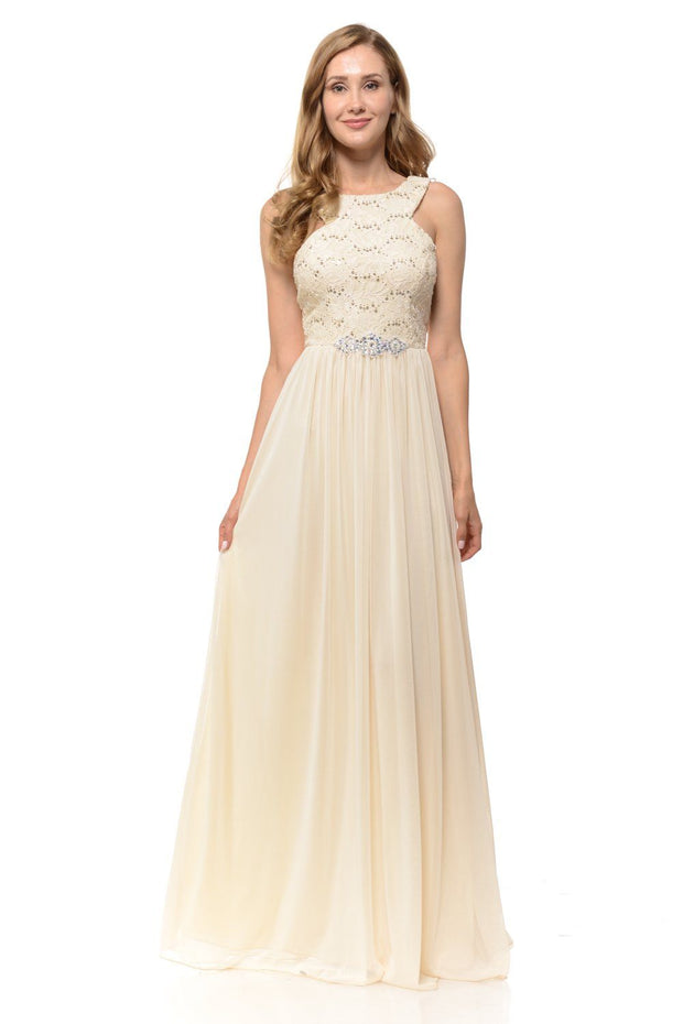 Long Pink Chiffon Dress with Lace Bodice by Lenovia-Long Formal Dresses-ABC Fashion