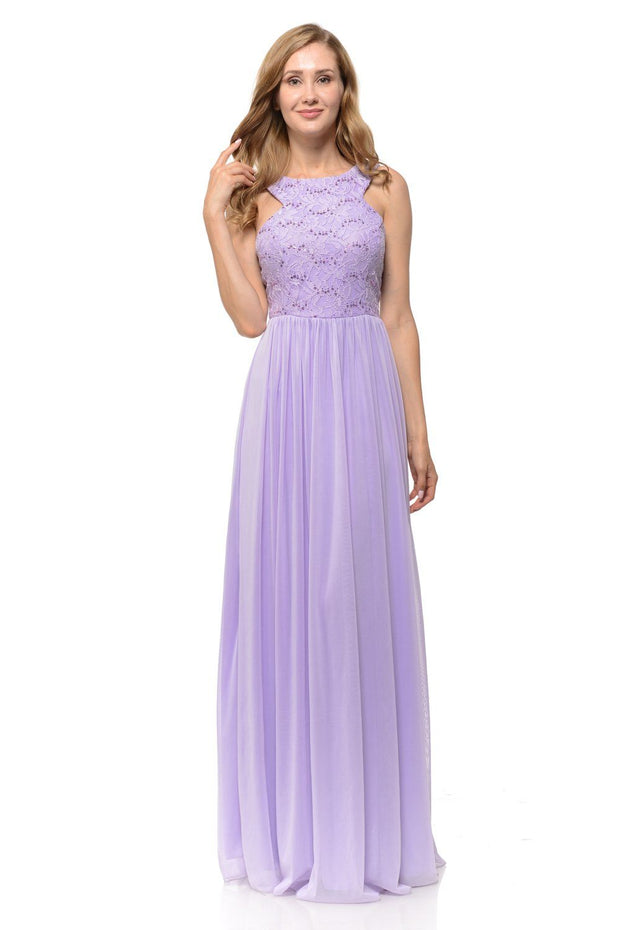 Long Pink Chiffon Dress with Lace Bodice by Lenovia-Long Formal Dresses-ABC Fashion