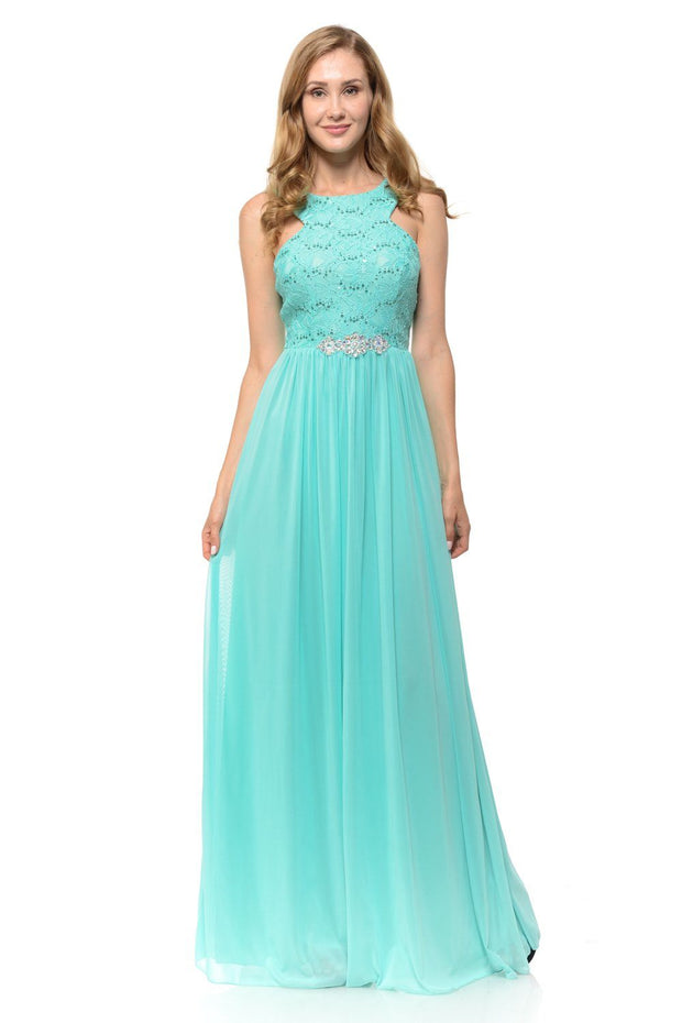 Long Pink Chiffon Dress with Lace Bodice by Lenovia-Long Formal Dresses-ABC Fashion