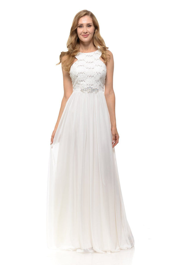 Long Pink Chiffon Dress with Lace Bodice by Lenovia-Long Formal Dresses-ABC Fashion