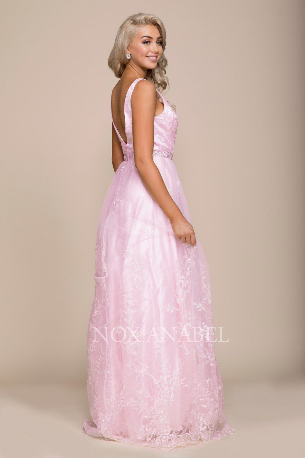 Long Pink Dress with Lace Embroidery by Nox Anabel 8273-Long Formal Dresses-ABC Fashion