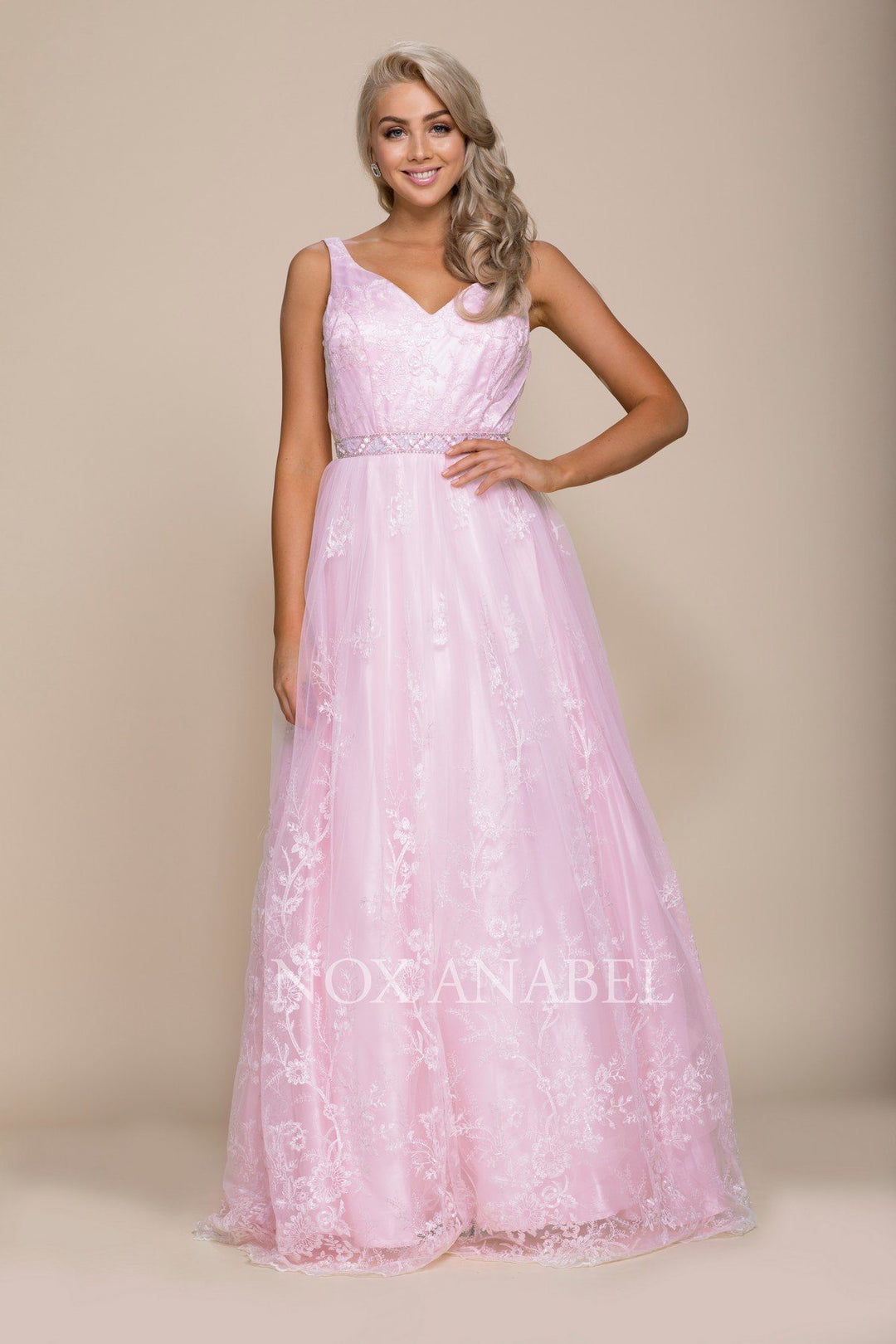 Long Pink Dress with Lace Embroidery by Nox Anabel 8273-Long Formal Dresses-ABC Fashion
