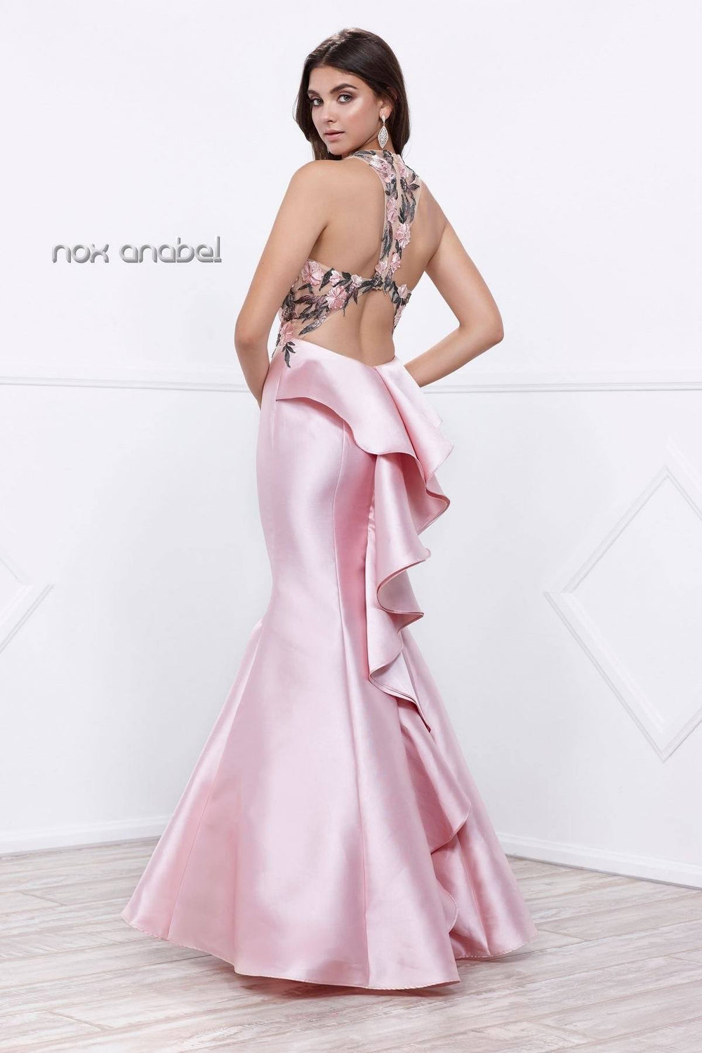 Long Pink Halter Dress with Floral Embroidery by Nox Anabel 8374-Long Formal Dresses-ABC Fashion