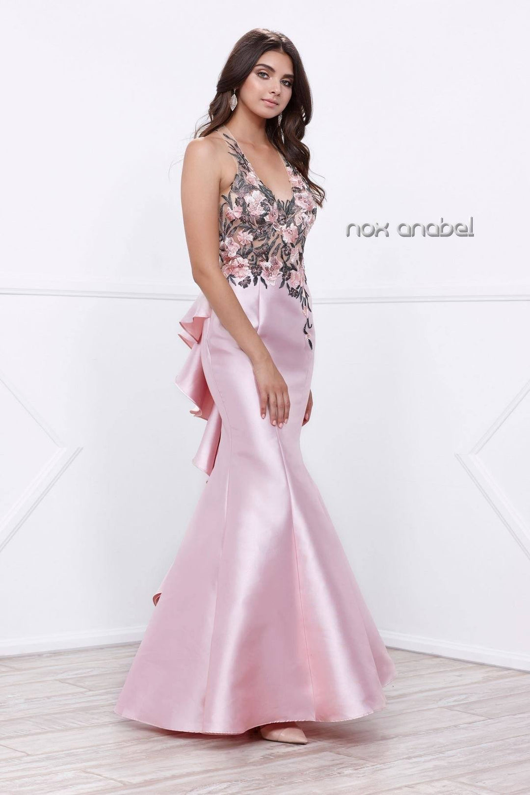 Long Pink Halter Dress with Floral Embroidery by Nox Anabel 8374-Long Formal Dresses-ABC Fashion