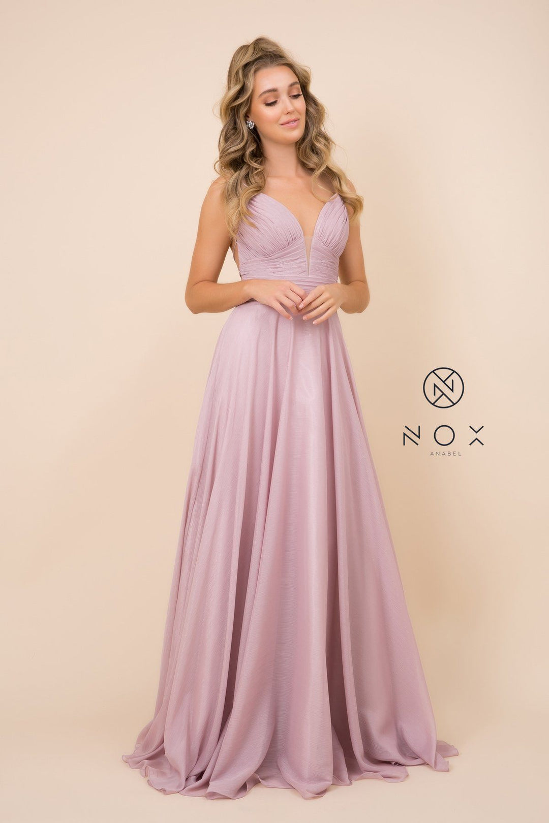 Long Pleated Bodice Dress with Corset Back by Nox Anabel R352