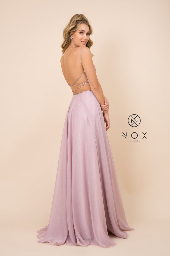 Long Pleated Bodice Dress with Corset Back by Nox Anabel R352