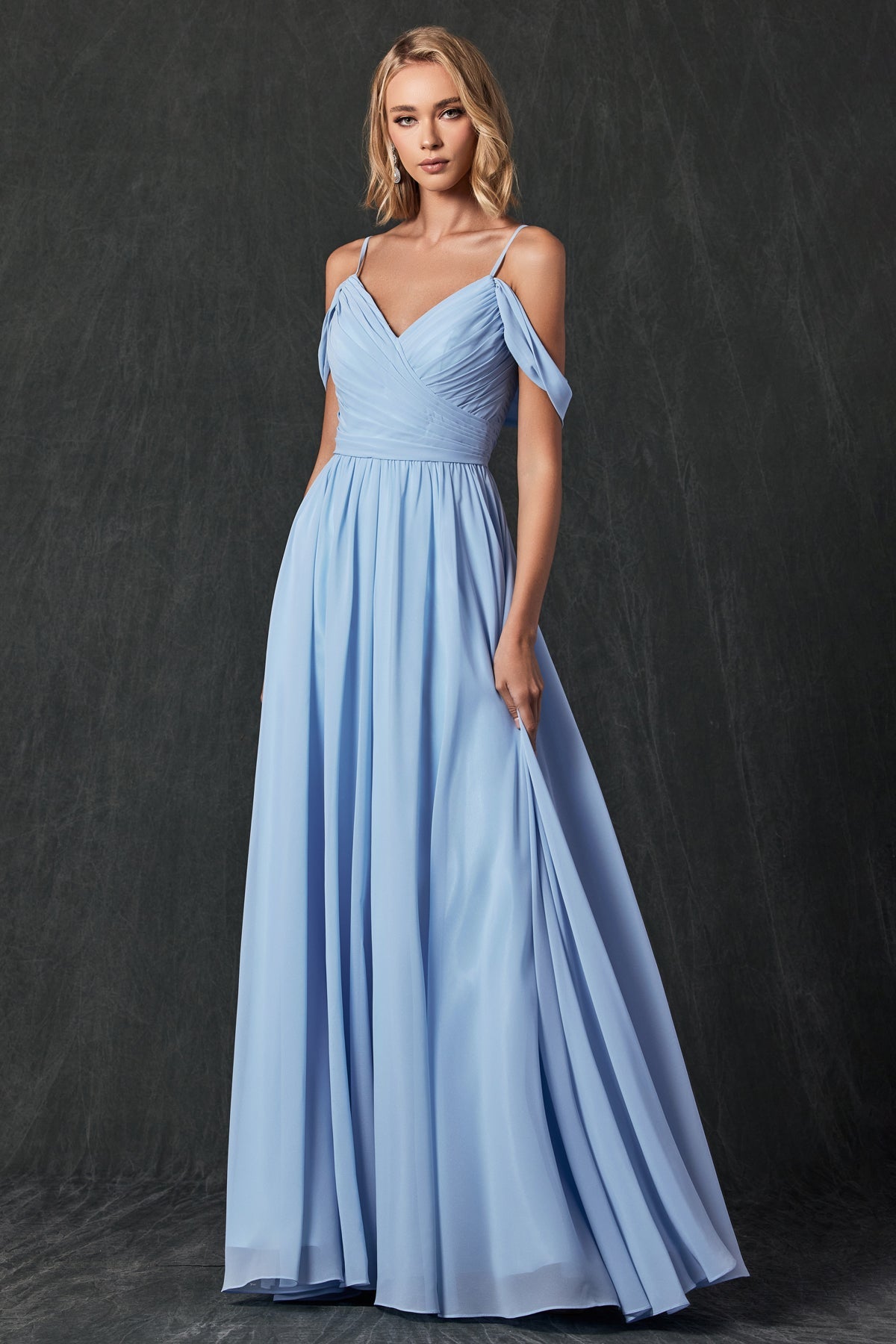 Long Pleated Cold Shoulder Dress by Juliet 262