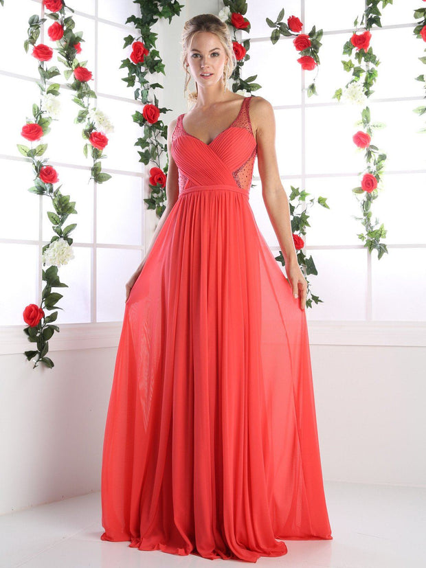 Long Pleated Dress with Beaded Sheer Straps by Cinderella Divine 5061-Long Formal Dresses-ABC Fashion