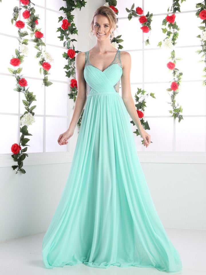 Long Pleated Dress with Beaded Sheer Straps by Cinderella Divine 5061-Long Formal Dresses-ABC Fashion