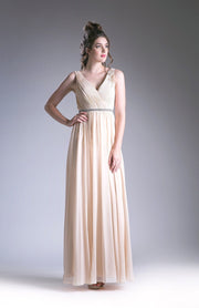 Long Pleated Dress with Beaded Waist by Cinderella Divine 1001-Long Formal Dresses-ABC Fashion