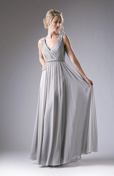 Long Pleated Dress with Beaded Waist by Cinderella Divine 1001-Long Formal Dresses-ABC Fashion