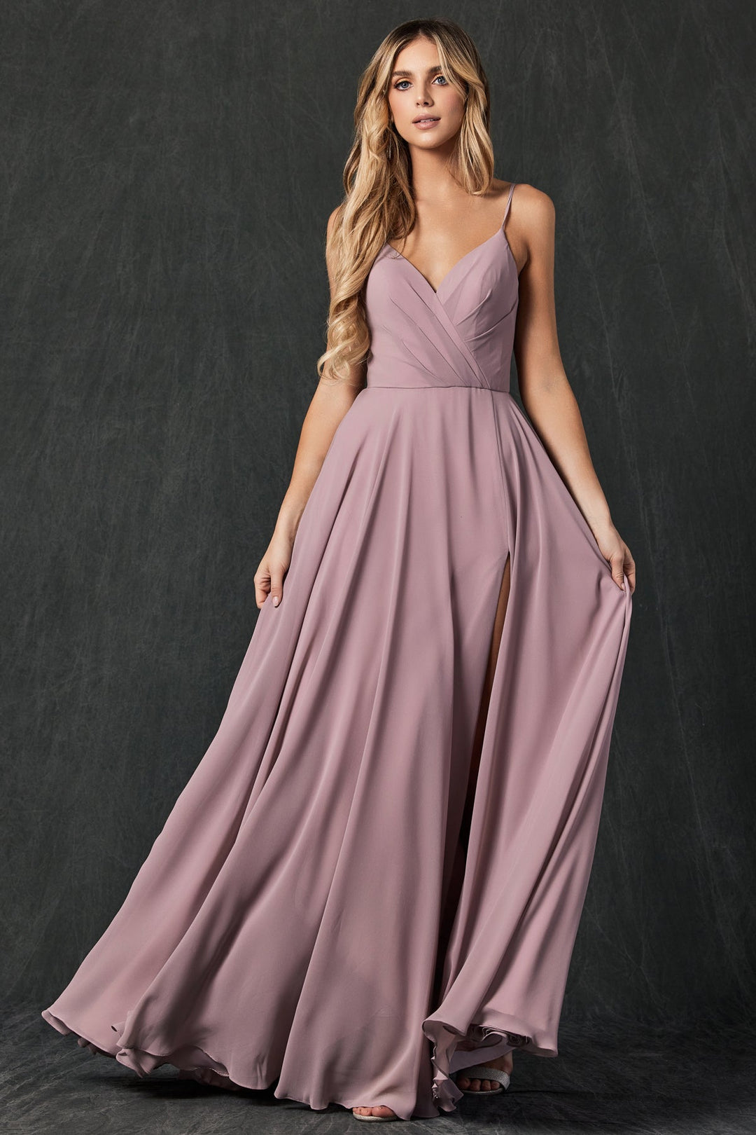 Long Pleated V-Neck Dress by Juliet 263