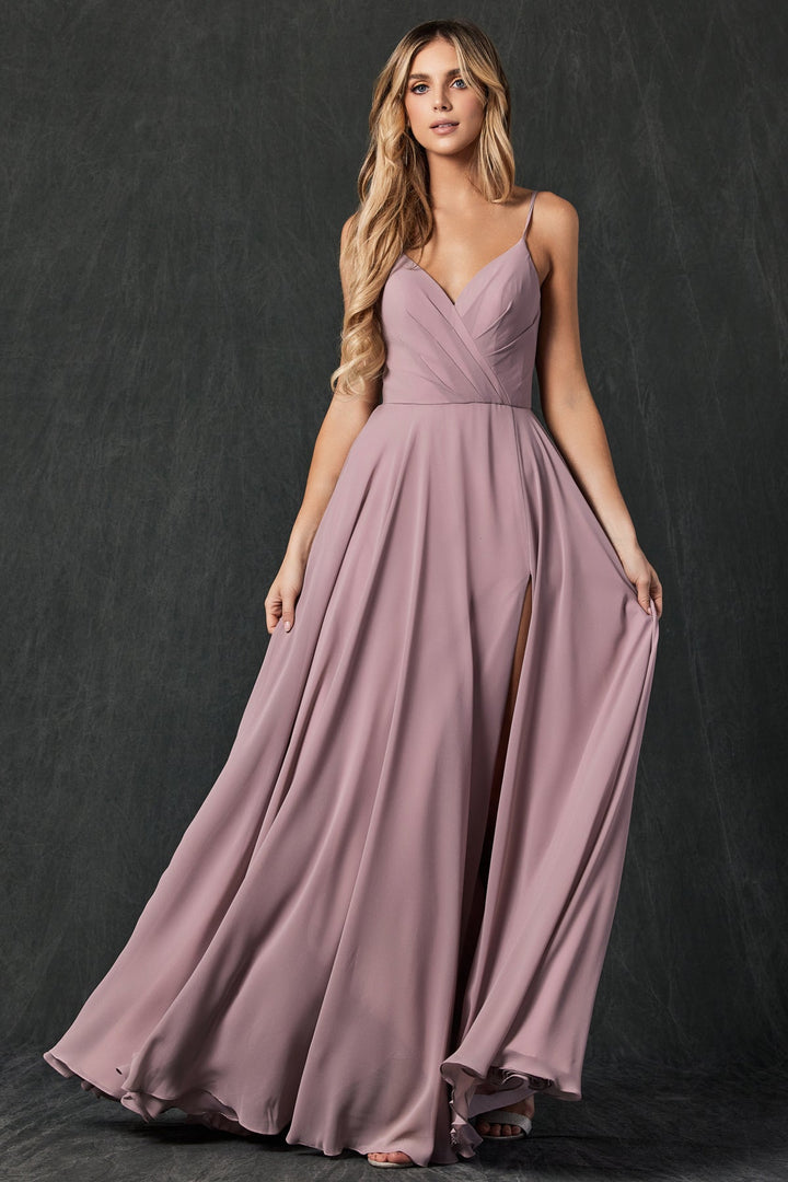 Long Pleated V-Neck Dress by Juliet 263