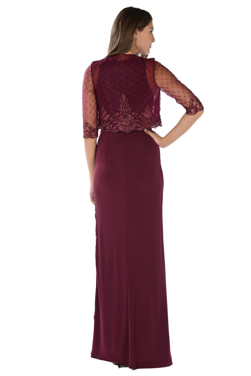 Long Plum Dress with Embellished Bolero Jacket by Poly USA-Long Formal Dresses-ABC Fashion