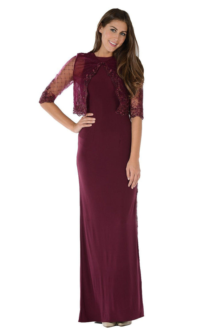 Long Plum Dress with Embellished Bolero Jacket by Poly USA-Long Formal Dresses-ABC Fashion