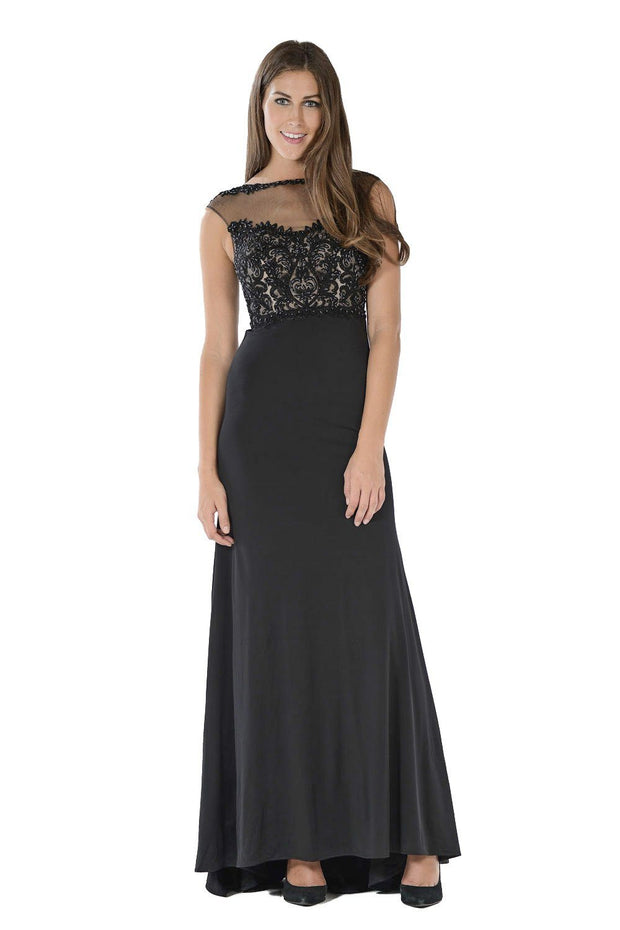 Long Plum Dress with Illusion Lace Applique by Poly USA-Long Formal Dresses-ABC Fashion