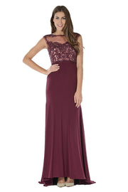 Long Plum Dress with Illusion Lace Applique by Poly USA-Long Formal Dresses-ABC Fashion