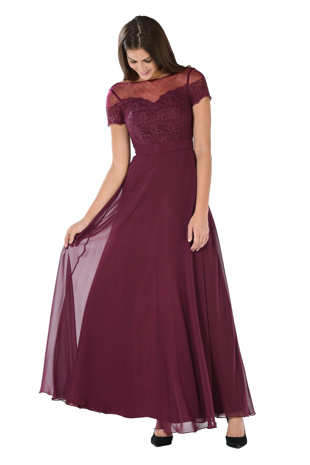 Long Plum Dress with Short Sleeved Lace Bodice by Poly USA-Long Formal Dresses-ABC Fashion