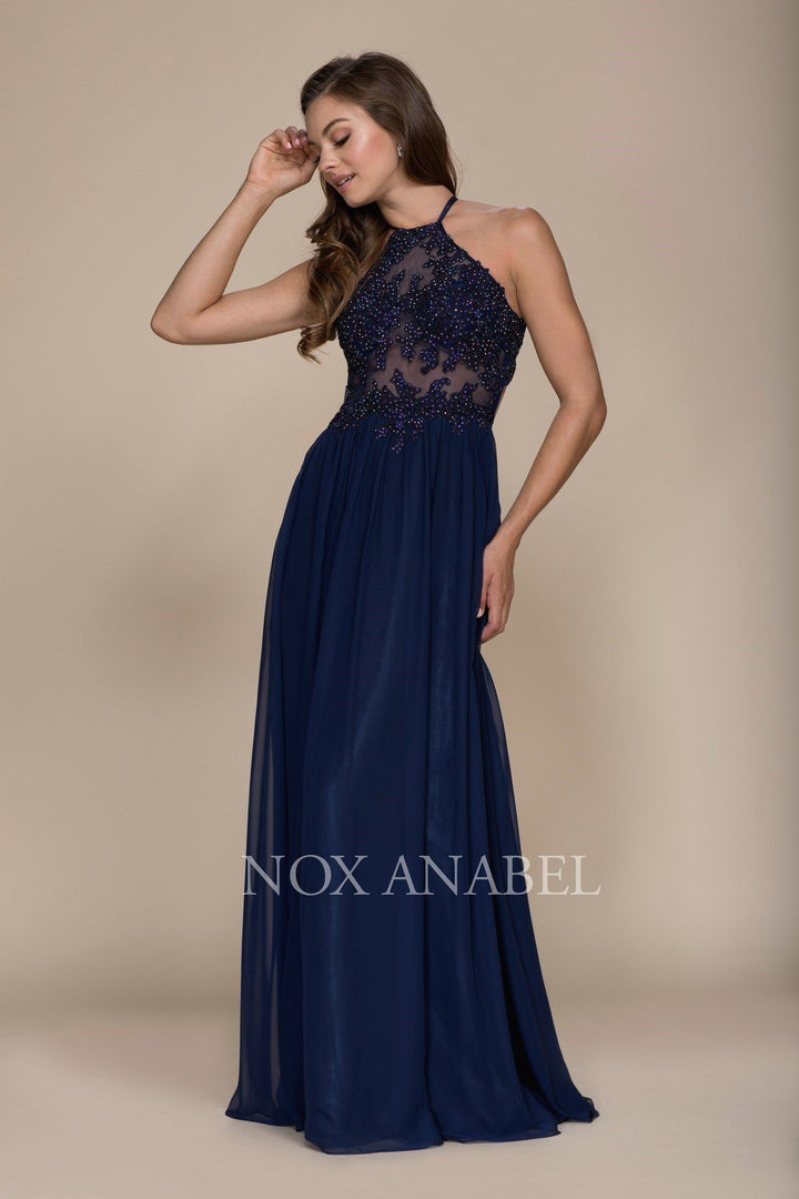 Long Racerback Dress with Appliqued Sheer Bodice by Nox Anabel G096-Long Formal Dresses-ABC Fashion