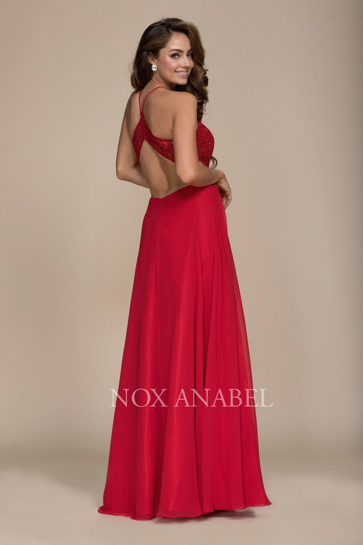 Long Racerback Dress with Appliqued Sheer Bodice by Nox Anabel G096-Long Formal Dresses-ABC Fashion