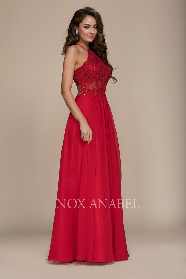 Long Racerback Dress with Appliqued Sheer Bodice by Nox Anabel G096-Long Formal Dresses-ABC Fashion