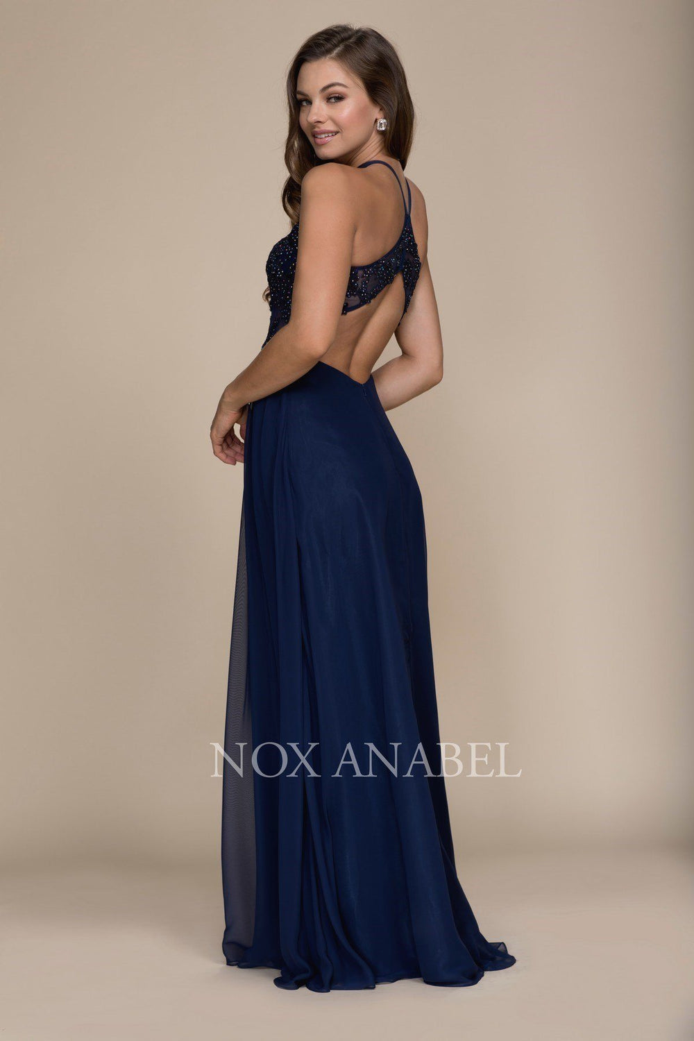 Long Racerback Dress with Appliqued Sheer Bodice by Nox Anabel G096-Long Formal Dresses-ABC Fashion