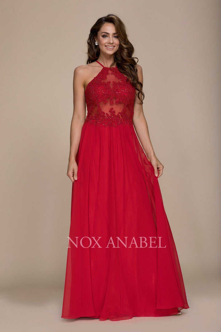 Long Racerback Dress with Appliqued Sheer Bodice by Nox Anabel G096-Long Formal Dresses-ABC Fashion