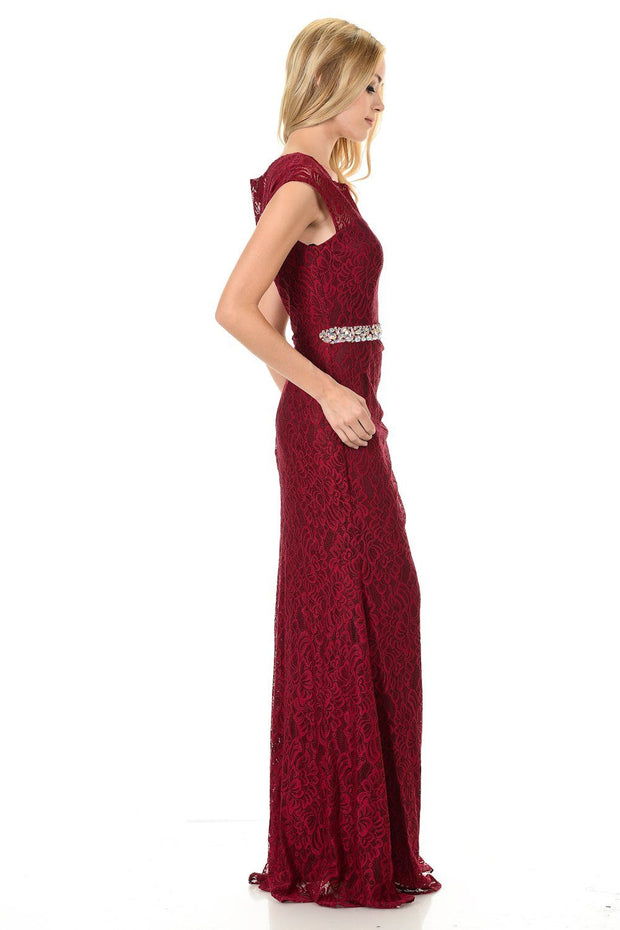 Long Red Cap Sleeve Lace Dress with Shawl by Lenovia-Long Formal Dresses-ABC Fashion