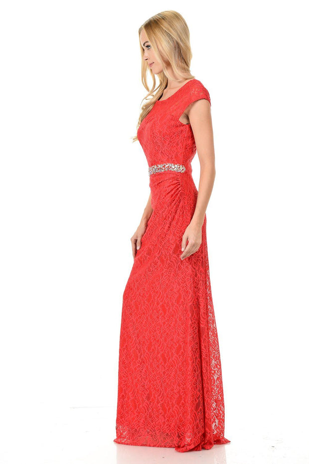 Long Red Cap Sleeve Lace Dress with Shawl by Lenovia-Long Formal Dresses-ABC Fashion