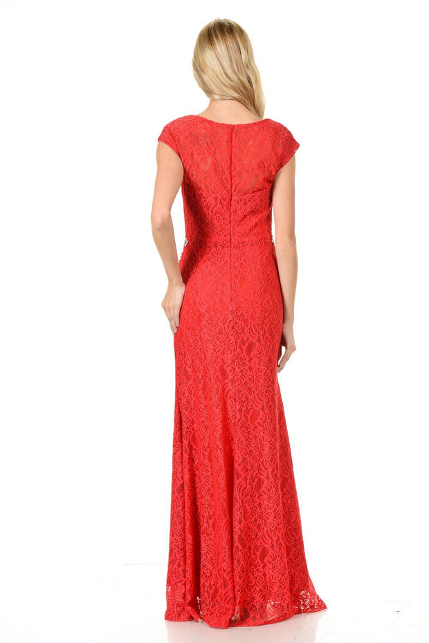 Long Red Cap Sleeve Lace Dress with Shawl by Lenovia-Long Formal Dresses-ABC Fashion