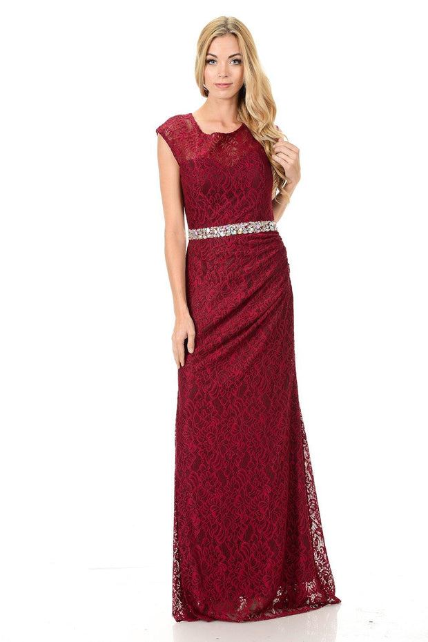 Long Red Cap Sleeve Lace Dress with Shawl by Lenovia-Long Formal Dresses-ABC Fashion