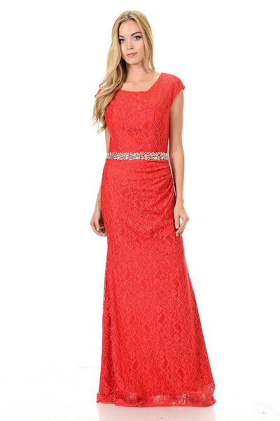Long Red Cap Sleeve Lace Dress with Shawl by Lenovia-Long Formal Dresses-ABC Fashion